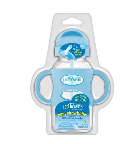Buteliukas plačiu kakleliu su šiaudeliu ir svareliu, 270 ml, mėlynas