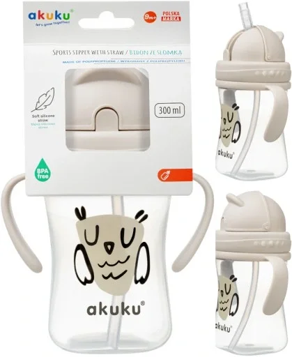  gertuvė su šiaudeliu nuo 9 mėn., 300ml, su dviem rankenėlėmis, OWL A0204