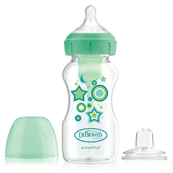 buteliukas pereinamasis OPTIONS+ plačiu kakleliu, žalias 270ml + silikoninis snapelis, WB91606-P3